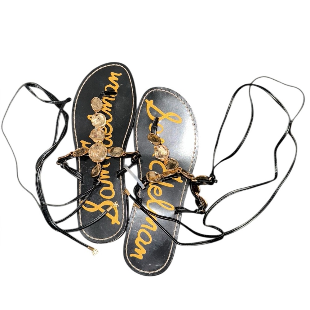 Sam Edelman Black Deirdre Wrap Leather Lace-Up Sandals Gold Coin Details Size 6 - Picture 3 of 6